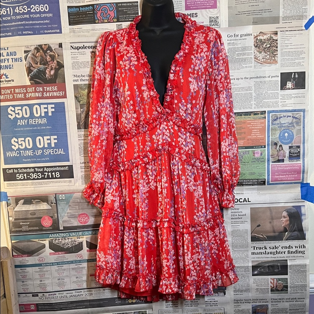 Red Floral Tiered V-Neck Women’s Dress